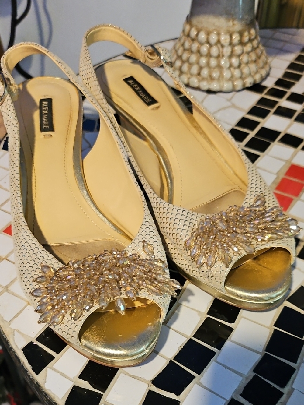 Alex Marie Cream Open-Toe Slingback Mules with Gold Crystal Cluster